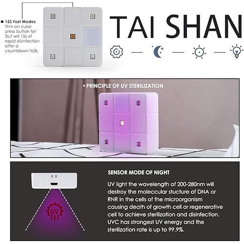 TAISHAN UV Sanitizer Lamp，Rechargeable Portable Mini Travel UV Disinfection Lamp,Cube Ultraviolet Sterilizer Kills 99% of Germs Viruses & Bacteria for Toothbrush,Phones, Cups,Baby bottle