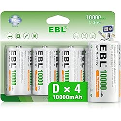EBL Rechargeable D Batteries, 10000mAh Ni-MH High Capacity D Cell Battery New Retail Package, Pack of 4