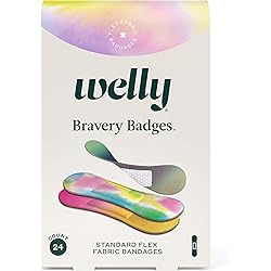 Welly Bandages Refill Pack - Bravery Badges, Adhesive Flexible Fabric Bandages, Standard Shapes, Colorwash Tie Dye Patterns - 24 Count, 4 Pack