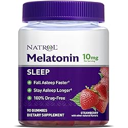 Natrol Melatonin Sleep Aid Gummy, Fall Asleep Faster, Stay Asleep Longer, 2 Gummies per Serving, 100% Drug and Gelatin Free, Non-GMO, 10mg, 90 Count