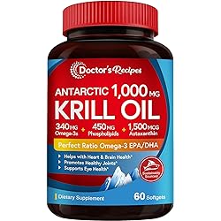 Doctor’s Recipes Antarctic Krill Oil, 60 Softgels 1000mg, DHA:EPA at 1:2 Perfect Ratio, 1.5mg Astaxanthin, Clean Extraction, No Fish Taste, Joint, Brain, Heart, Eye Health, Non-GMO, No Fish Gluten Soy