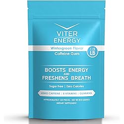 Viter Energy Caffeinated Gum 60mg Caffeine, B Vitamins, Guarana, Sugar Free. Wintergreen, 8oz, Bulk Bag