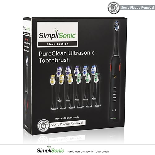 SimpliSonic Ultrasonic Rechargeable Electric Toothbrush Premium Package w 12 Heads Black