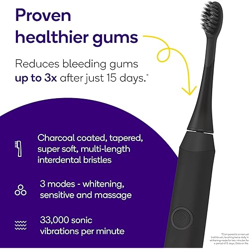 BURST Electric Toothbrush for Adults - Charcoal Black Soft Bristle Toothbrush for Deep Clean, Stain & Plaque Removal - 3 Sonic Toothbrush Modes: Teeth Whitening, Sensitive, Massage - Black