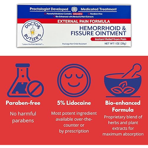 Doctor Butler's External Hemorrhoid & Fissure Ointment - Instant Pain Relief Hemorrhoid Treatment with Lidocaine, Fast Acting Relief from External Itching and Burning