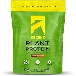 Ascent Plant Based Protein Powder - Non Dairy Vegan Protein, Zero Artificial Ingredients, Soy & Gluten Free, No Added Sugar, 4g BCAA, 2g Leucine - Chocolate Peanut Butter, 18 Servings