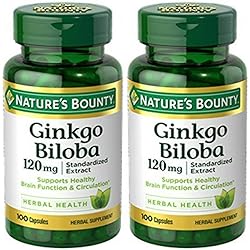 Nature's Bounty Ginkgo Biloba Standardized Extract 120 mg, Herbal Bottles, 100 Count, Pack of 2