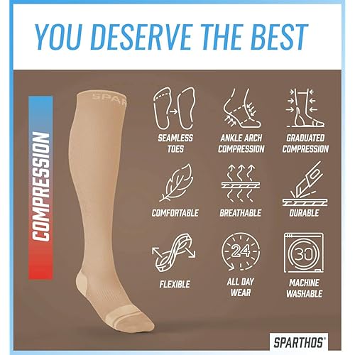 Sparthos Compression Socks 20-30mmHg - Knee High Sock for Sport, Running, Travel, Medical Support, Pregnancy, Nursing - Calf Long Athletic Compressions Gear Sleeve - for Men and Women Beige-SM