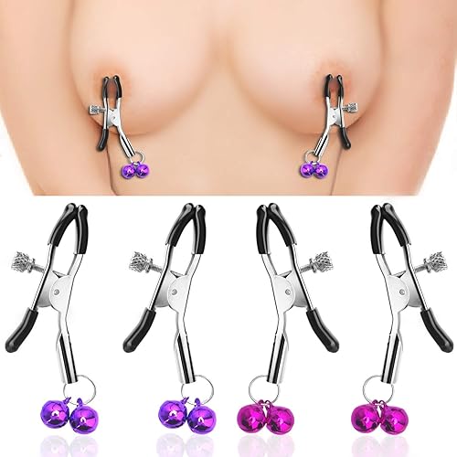 SEXY SLAVE Adjustable Nipple Clamps - Soft Rubber Metal Nipple Clamps with Two Bells, Fetish Breast Clit Sensual Bondage Two Nipple Clips2 Pack, Purple and Rose Pink