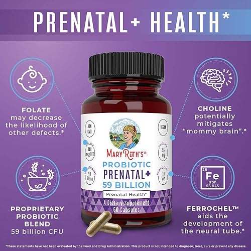 Vegan Prenatal Probiotic - 59 Billion CFU by MaryRuth - Pregnancy Probiotics with Iron, Methylfolate & Prenatal Vitamins & Minerals to Help with Morning Sickness - 60 Count