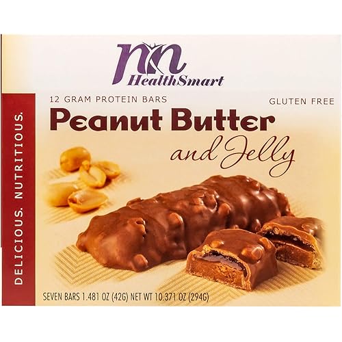 HealthSmart Smooth Peanut Butter & Jelly Protein Bar, 12g Protein, Low Calorie, Low Fat, Low Sugar, No Gluten Ingredients, Aspartame Free, Vegetarian, 7 Count Box