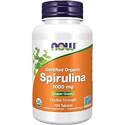 NOW Supplements, Certified Organic, Spirulina 1000 mg Double Strength, Rich in Beta-Carotene Vitamin A and B-12 with naturally occurring GLA , 120 Tablets