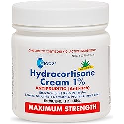 Globe Hydrocortisone Maximum Strength Cream 1% w Aloe, 16 oz, Anti-Itch Cream for Redness, Swelling, Itching, Rash & Dermatitis, BugMosquito Bites, Eczema, Hemorrhoids & More, 16 oz Jar