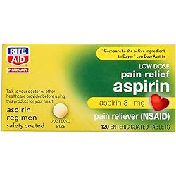 Rite Aid Aspirin Enteric Tablets, 81 mg Aspirin - 120 ct, Low Dose Aspirin | NSAID | Migraine Relief Products | Safety Coated | Enteric Coated Aspirin Regimen | Headache Relief Pills | Pain Relief