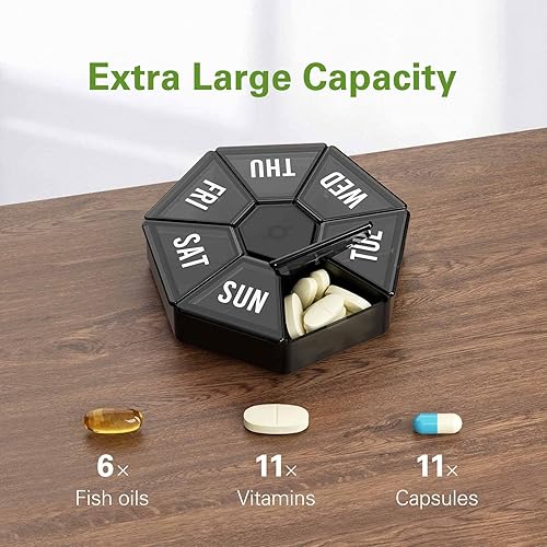 TookMag Weekly Pill Organizer 7 Day Large, Daily Pill Cases Pill Box, Portable Travel Medicine Organizer for Pills Vitamin Fish Oil Supplements Black