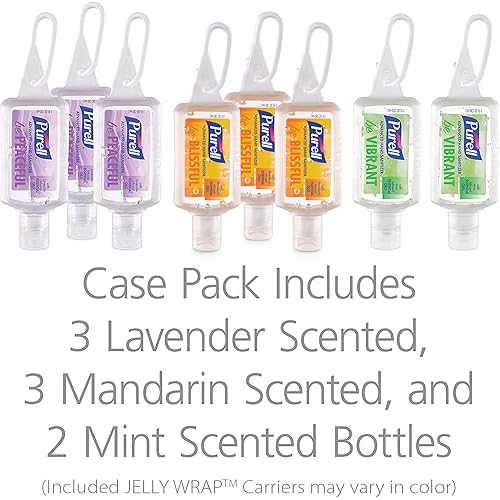 Purell Advanced Hand Sanitizer Gel Infused with Essential Oils, Scented Variety Pack, 1 fl oz Travel Size Flip Cap Bottles with JELLY WRAP Carrier Pack of 8 3900-09-ECME17