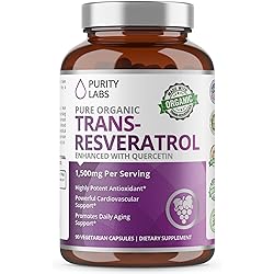 Organic Trans-Resveratrol Enhanced with Quercetin - 1,500MG Highest Potency Available in Vegetable Capsule - Powerful Support for CV System, Bones, Hair, Skin Nails - 90 caps