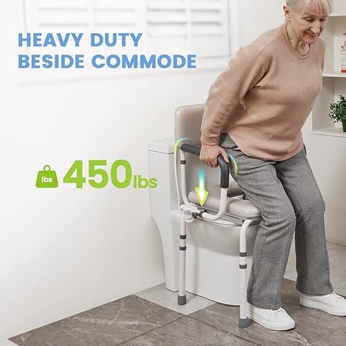 OasisSpace Padded Bedside Commode Chair, Drop Arm Commode Seat for Toilet with Backrest, Commode Chair with Removable Bucket for Senior and Disabled