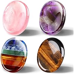 4 Pcs Thumb Worry Stone for Anxiety Chakra Stones Charkas Crystals Pink Crystal Amethyst Tiger Eye Anxiety Stone for Stress Relief Meditation