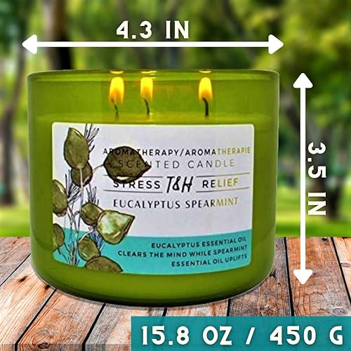 Stress Relief Aromatherapy Candles Eucalyptus Spearmint Scented Candle | 16 Oz Soy Candles for Home | Decorative Candles Long Lasting 3 Wick Candle