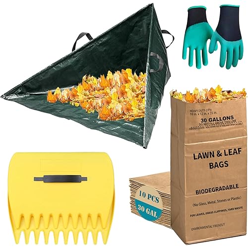 LeafSky Leaf Collector Tripod Bag and Lawn Leaf bag Kit with leaf scoops Gloves | 10 Count 30 Gallon 2-Ply Heavy Duty Self Standing Kraft Paper Bags Yard Waste Bag for Grass Clippings Wet Dry Leaves