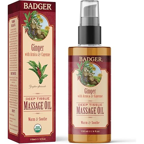 Badger - Deep Tissue Massage Oil, Ginger with Arnica & Cayenne, Certified Organic Massage Oil, Warm & Soothe, Massage Oil for Sore Muscles, Essential Oils, 4 oz