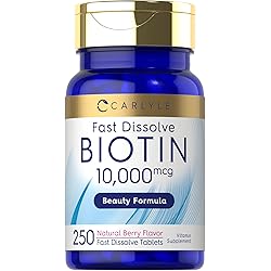 Biotin 10000mcg | 250 Fast Dissolve Tablets | Max Strength | Vegetarian, Non-GMO, Gluten Free Supplement | by Carlyle