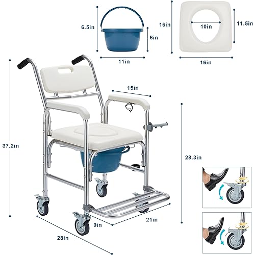 HABUTWAY 4 in 1 Bedside Commode Chair, Transport Shower Wheelchair Toilet Rolling Transport Chair with 4 Brakes Casters,Tissue Holder,Crutch Holder for Elderly Injured and Disabled