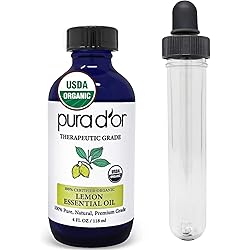 PURA D'OR Organic Lemon Essential Oil 4oz with Glass Dropper 100% Pure & Natural Therapeutic Grade For Hair, Body, Skin, Aromatherapy Diffuser, Relaxation, Massage, Home, Cleaning, Laundry, DIY Soap