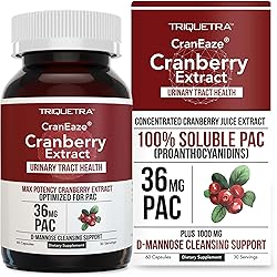 CranEaze®: Cranberry Juice Extract Plus D-Mannose – 36 mg PAC, 100% Soluble PAC - Supports Urinary Tract Health – Most Effective Cranberry Pills for Women, UTI Cranberry Supplement - 60 Capsules