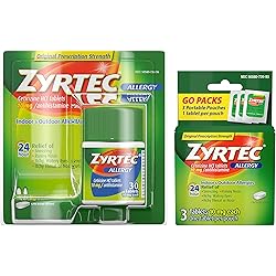 Zyrtec 24 Hour Allergy Relief Tablets, Indoor & Outdoor Allergy Medicine with 10 mg Cetirizine HCl per Antihistamine Tablet, Bundle with 1 x 30 ct and 3 x 1 ct Travel Packs