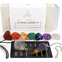 ZATNY Travel Chakra Crystals and Healing Stones Collection - 7 Chakra Set Tumbled Stones, Chakra Pendulum, Interchangeable Cage Necklace, Reference Card, Portable Case, Ebook
