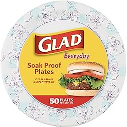 Glad Round Disposable Paper Plates 10 in, Blue Flower|Soak Proof, Cut Proof, Microwave Safe Heavy Duty Paper Plates For Parties|50 Count Bulk Paper Plates 10 Inch