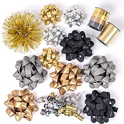 WRAPAHOLIC 14 Pcs Gift Bows Assortment - 10 Multi Colored Assorted Size Gift BowsBlack, Gold, Silver, Old Gold, 2 Crimped Curling Ribbons, 1 Curly Bow, 1 Tinsel Bow for Christmas and New Year