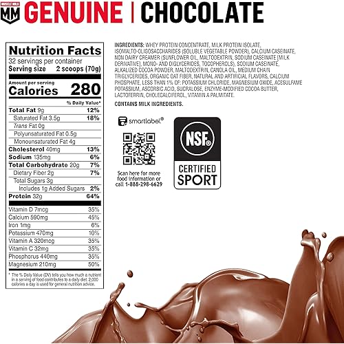 Muscle Milk Genuine Protein Powder, Chocolate, 4.94 Pound, 32 Servings, 32g Protein, 2g Sugar, Calcium, Vitamins A, C & D, NSF Certified for Sport, Energizing Snack, Packaging May Vary