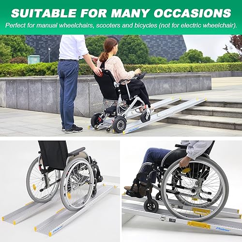 Ruedamann 8'L × 8" W Portable Aluminum Wheelchair Ramp,Holds Up to 600lbs,Two Section Telescoping Adjustable Non-Skid Ramp for Wheelchairs,Stairs,Steps,1 Set
