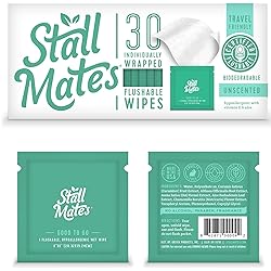 Stall Mates Wipes: Flushable, individually wrapped wipes for travel. Unscented with Vitamin-E & Aloe 30 on-the-go singles