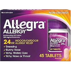 Allegra Adult Non-Drowsy Antihistamine Tablets, 45-Count, 24-Hour Allergy Relief, 180 mg