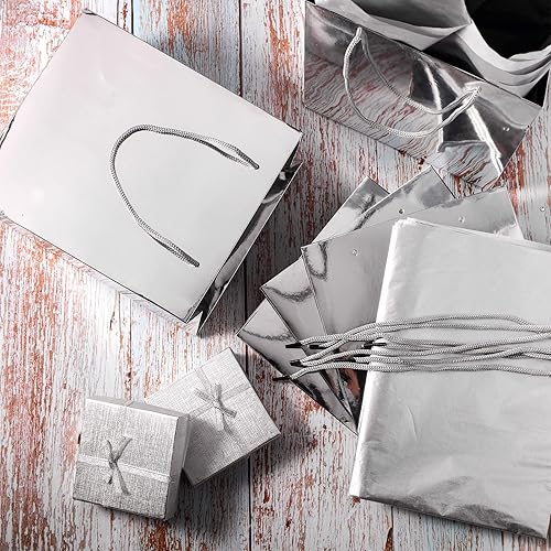 12 Pack Metallic Gift Bags Party Favor Bags Paper Shopping Bags with Handles Bulk and 12 Sheets Gift Tissue Paper Wrapping Paper for Birthdays, Wedding, Party Favors, 9 x 8 x 4 InchSilver