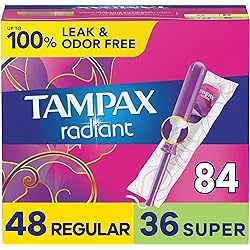 Tampax Radiant Tampons Duo Pack with LeakGuard Braid, RegularSuper Absorbency, Unscented, 84 Count