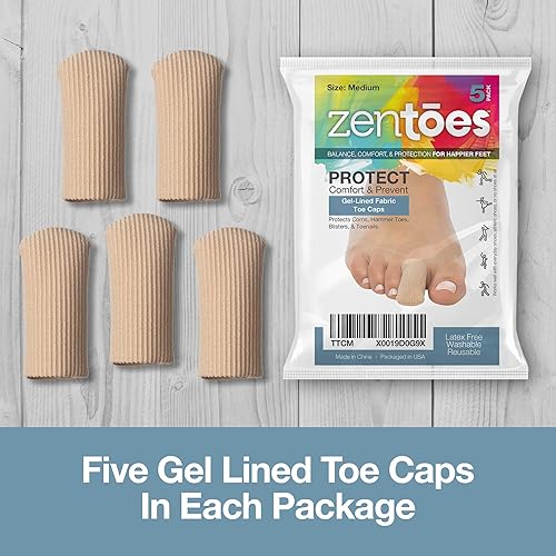 ZenToes 5 Pack Toe Caps Closed Toe Fabric Sleeve Protectors with Gel Lining, Prevent Corn, Callus, Blister Development Between Toes, Soften and Soothe The Skin Size Medium