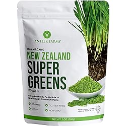 Antler Farms - 100% Pure Organic New Zealand Super Greens Powder, 40 Servings, 200g - Wheat Grass, Barley Grass, Chlorella, Spirulina - Vegan, Gluten Free, Chlorophyll Rich, for Energy and Detox