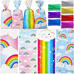 100 Pcs Rainbow Cloud Cellophane Bags Rainbow Goodie Gift Bags Rainbow Treat Bag Candy Bags with ties Unicorn Rainbow Birthday Party Decorations Rainbow Cloud Party Girl Boy Kid Baby Shower Favor Bags