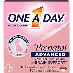 One A Day Women’s Prenatal Advanced Complete Multivitamin with Brain Support with Choline, Folic Acid, Omega-3 DHA & Iron for Pre, During and Post Pregnancy, 6060 Count 120 Count Total Set