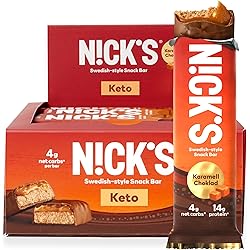 N!CK’S Keto Snack Bar, Karamell Choklad, 4g Net Carbs, 14g Protein, No Added Sugar, 5g Collagen, Low Carb Protein Bar, Low Sugar Meal Replacement Bar, Keto Snacks, 12-Count