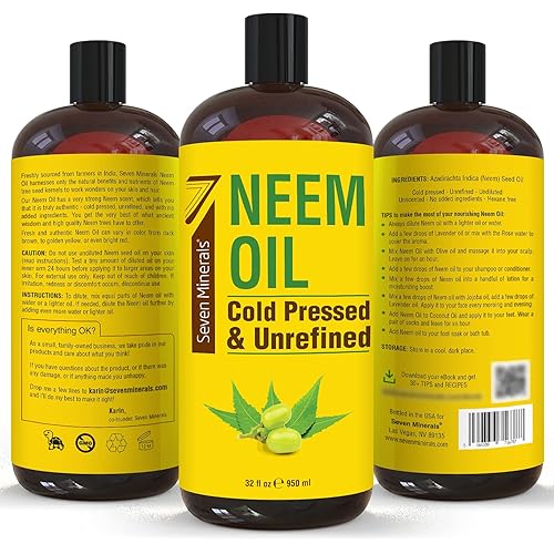 Pure Cold Pressed Neem Oil - Big 32 fl oz Bottle - Non-GMO, Hexane Free, 100% Pure Neem Oil for Plants Spray, Skincare, Haircare. Treats Dry Skin, Wrinkles, Promotes Healthy Hair Growth