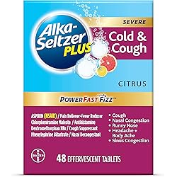 Alka-Seltzer Plus Severe, Cold & Cough Medicine For Adults, PowerFast Fizz Citrus Effervescent Tablets, Fast Relief of Headache, Sore Throat, Cough, Nasal & Sinus Congestion, Runny Nose, Fever, 48ct