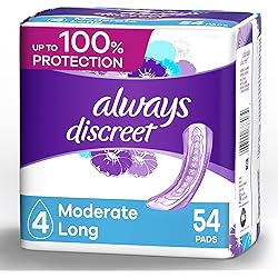 Always Discreet Moderate Long Incontinence Pads, Up to 100% Leak-Free Protection, 54 Count Packaging May Vary