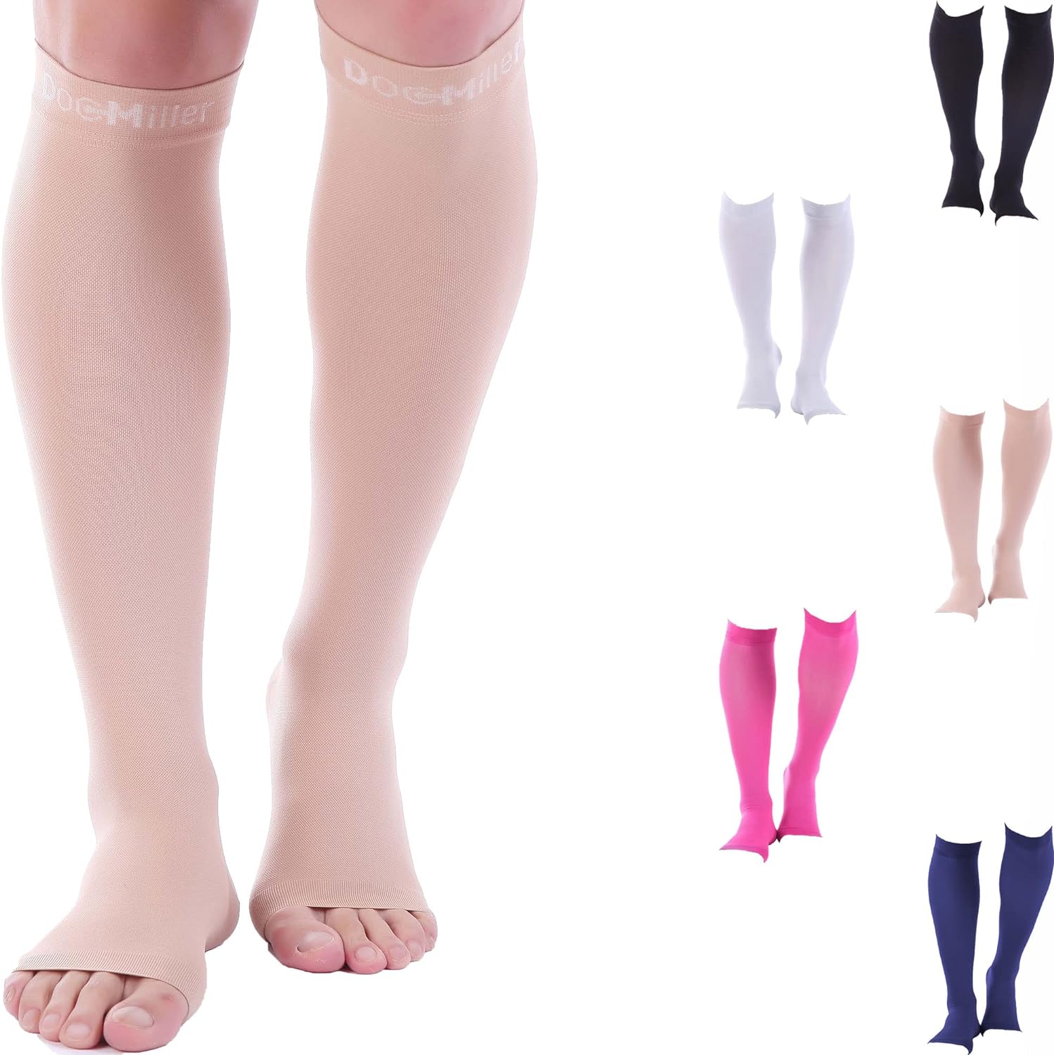 Doc Miller Open Toe Compression Socks for Women & Men 8-15 mmHg, 1 Pair, Support Shin Splints, Varicose Veins Recovery