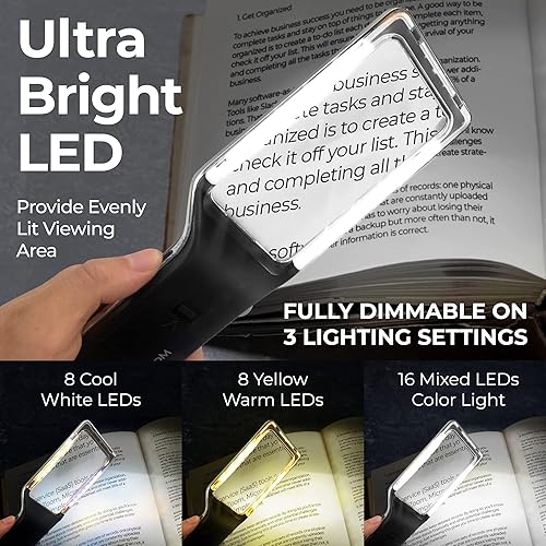 4X Large Magnifying Glass with [16 Anti-Glare & Fully Dimmable LEDs]-3 Lighting Modes-The Best Eye Caring Magnifier for Reading Small Fonts, Low Vision Seniors, Macular Degeneration, Inspection